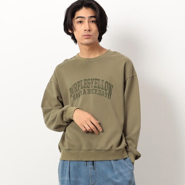 パープル＆イエロー（Purple & Yellow）/フロスト加工ロゴ刺繍クルーネックプルオーバー パープル＆イエロー（Purple & Yellow）/フロスト加工ロゴ刺繍クルー