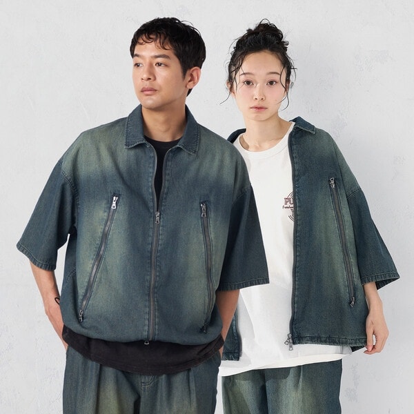 パープル＆イエロー（Purple & Yellow）/ライトオンスデニム ジップポケット 半袖ブルゾン