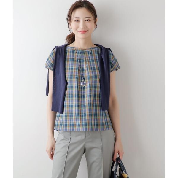 ニューヨーカー（NEWYORKER）/コットンリネン ブルーマドラスチェック フロントタックブブラウスの通販は
