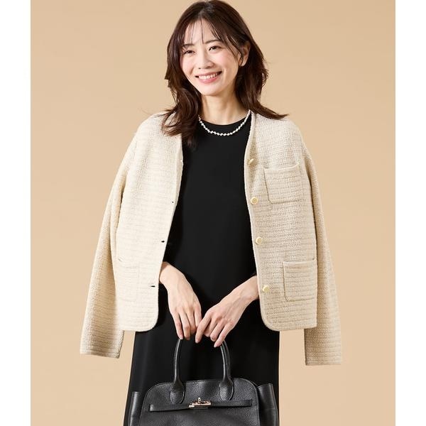 【NEW】ニューヨーカー（NEWYORKER）/ツィーディーラメ ノーカラーニットジャケット