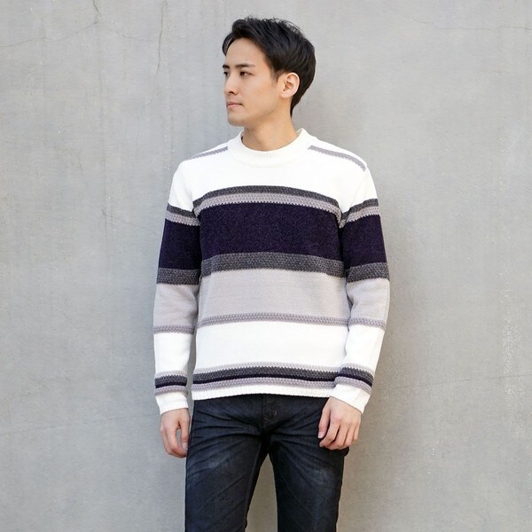 ハイダウェイ（HIDEAWAYS）/6ＧＧ　モール編地切替ボーダー柄モックネックニット