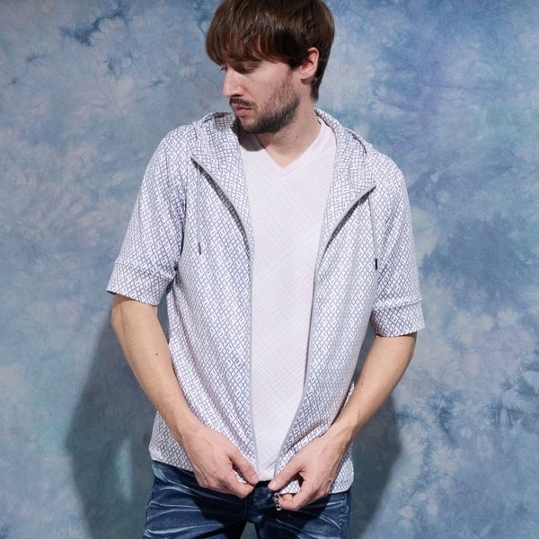 ハイダウェイ（HIDEAWAYS）/ジオメトリックプリント5分袖フードパーカー