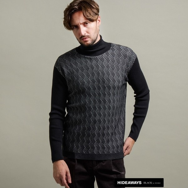 ハイダウェイ（HIDEAWAYS）/【HIDEAWAYS BLACK】バスケットジャカードタートルネックニット