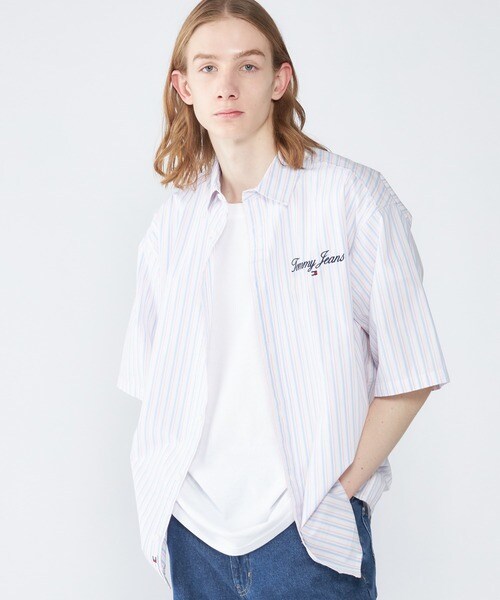トミージーンズ  JEANS リラックスラグジュアリーバーシティラガーシャツ （ホワイト） トミージーンズ TOMMY JEANS リラックスラグジュアリーバー