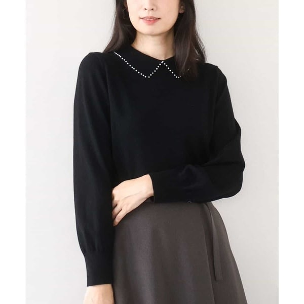オフオン（OFUON）/パール調ビーズ衿付きハイゲージニット/洗える