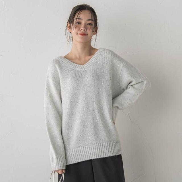 ドロワットロートレアモン（Droite lautreamont）/スパンコールVネックニット≪手洗い可能≫