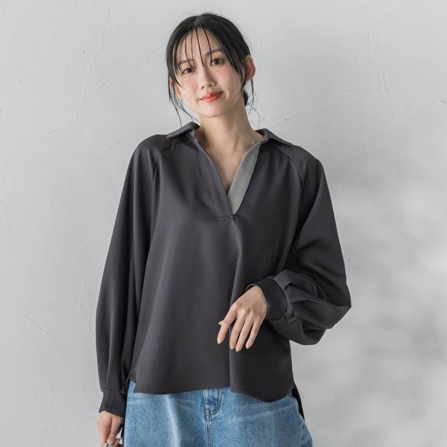 ドロワットロートレアモン（Droite lautreamont）/【WEB限定】パウダーストレッチ合わせネックブラウス≪手洗い可能≫