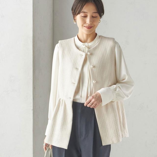 SHIPS シップススラブ ツイード ノーカラー ジャケット ホワイト SHIPS