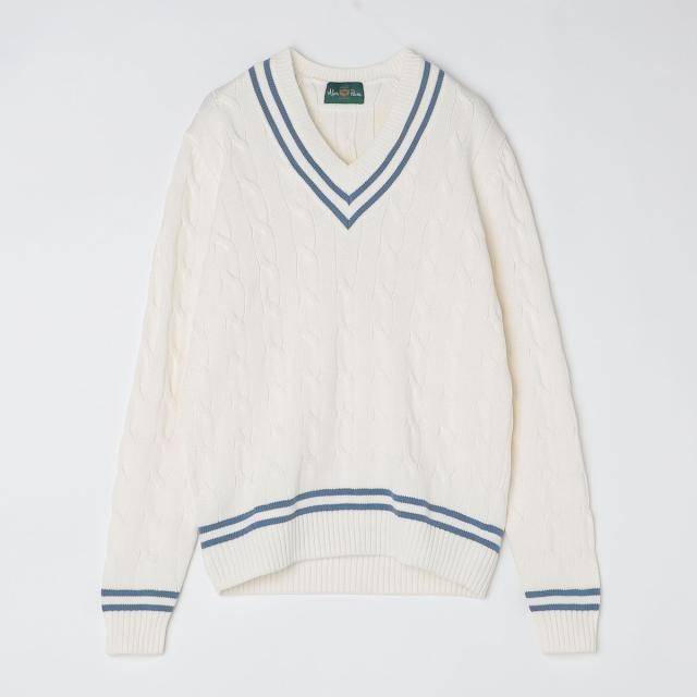 シップス（SHIPS）/ALANPAINE: 7ゲージ ケーブル編み Vネック クリケット セーター