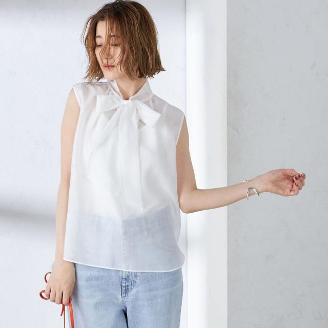 シップス(SHIPS)/〈手洗い可能〉オーガンジー リボン ノースリーブ ブラウスの通販は シップス(SHIPS)/〈手洗い可能〉オーガンジー リボン ノースリーブ ブラウスの通販は