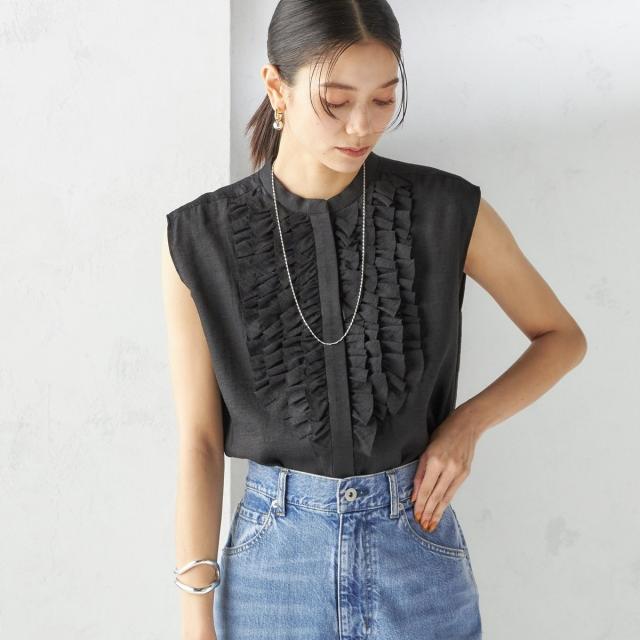 シップス（SHIPS）/〈手洗い可能〉麻混 フロント フリル フレンチスリーブ ブラウス