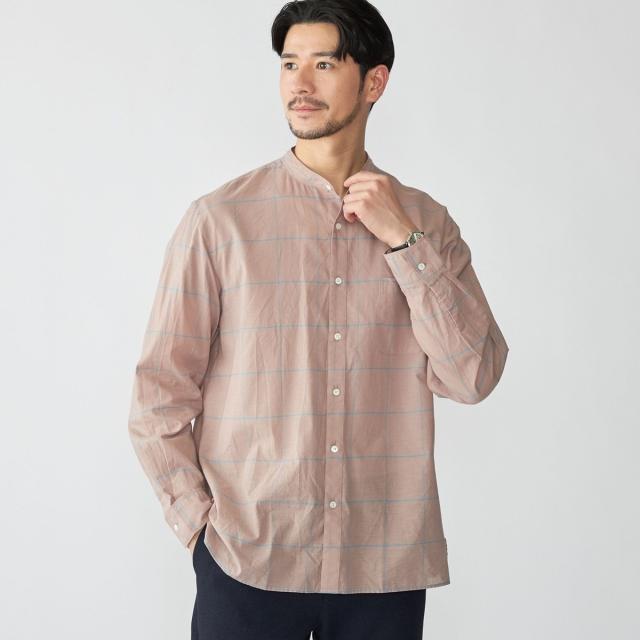 シップス（SHIPS）/SHIPS: コットン シルク ペールチェック バンドカラー ロングスリーブ シャツ