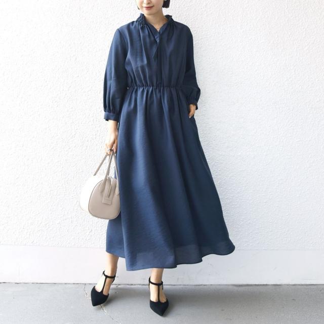 シップス（SHIPS）/〈手洗い可能〉ネック ギャザー 7分袖 ボウタイ ワンピース