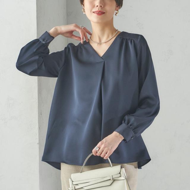 シップス（SHIPS）/〈手洗い可能〉バックサテン Vネック ロング スリーブ ブラウス
