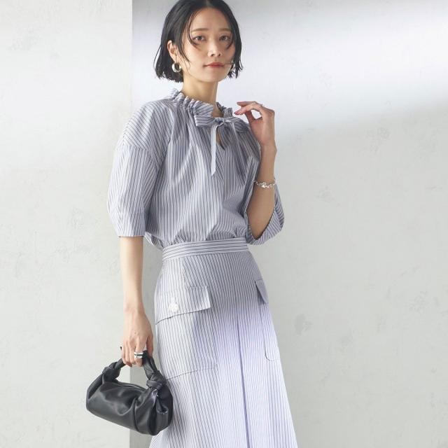 シップス（SHIPS）/〈手洗い可能〉ストライプ フリル ネック リボン 半袖 ブラウス