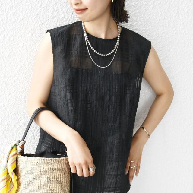 シップス（SHIPS）/〈手洗い可能〉シアー チェック ジャカード ノースリーブ ブラウス