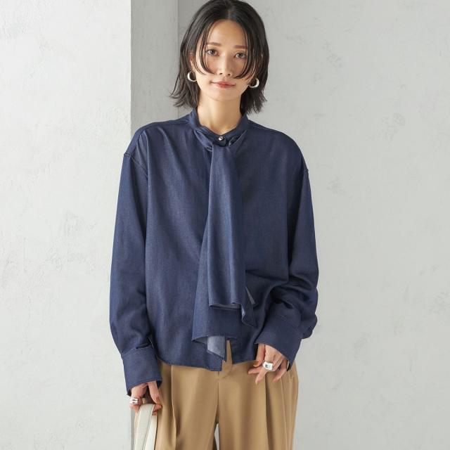 シップス（SHIPS）/《予約》〈手洗い可能〉デニム ライク リボン タイ ブラウス