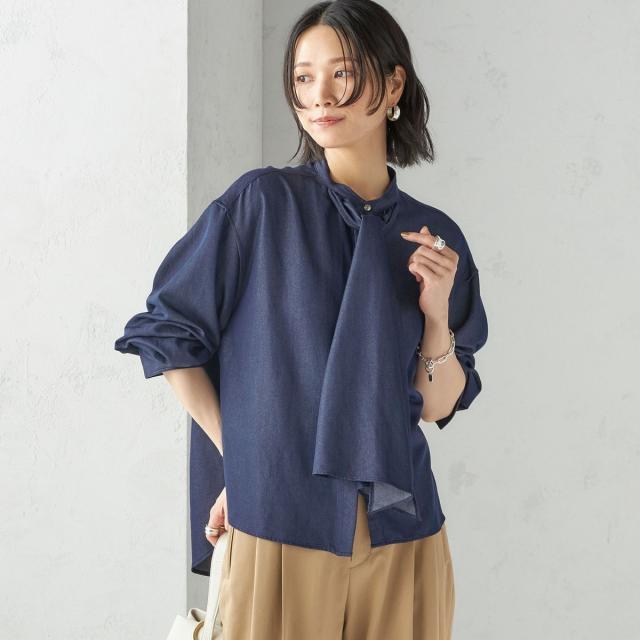 シップス（SHIPS）/《予約》〈手洗い可能〉デニム ライク リボン タイ ブラウス