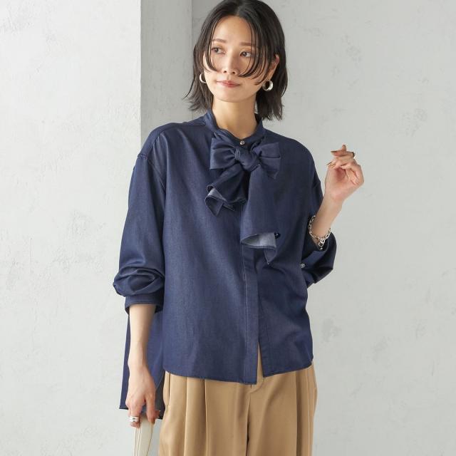 シップス（SHIPS）/《予約》〈手洗い可能〉デニム ライク リボン タイ ブラウス