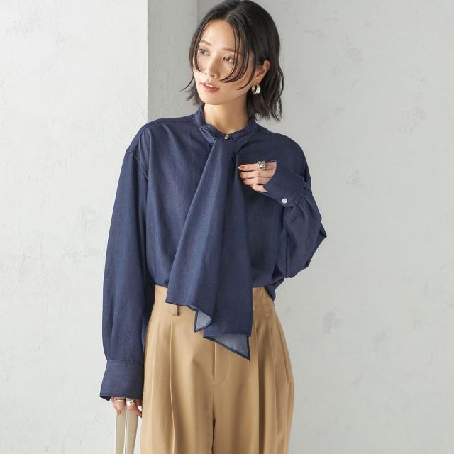 シップス（SHIPS）/《予約》〈手洗い可能〉デニム ライク リボン タイ ブラウス