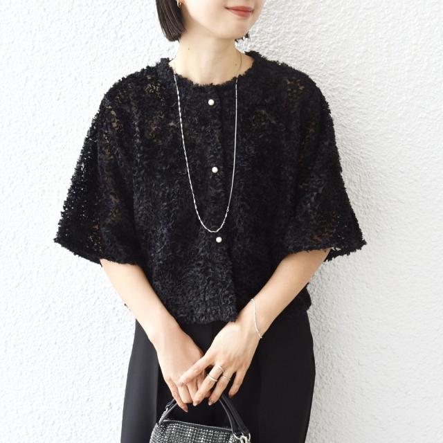 シップス（SHIPS）/little black:〈手洗い可能〉パール 釦 フリル チュール 半袖 ブラウス