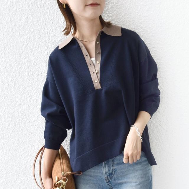 シップス（SHIPS）/【WEB限定】〈手洗い可能〉サイド スリット ゴールド 釦 ポロ ニット