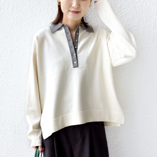 シップス（SHIPS）/【WEB限定】〈手洗い可能〉サイド スリット ゴールド 釦 ポロ ニット