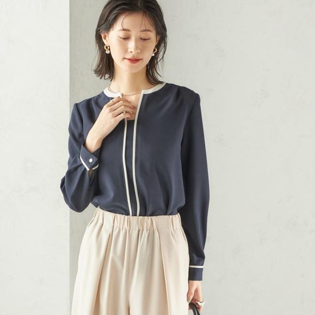 シップス（SHIPS）/〈手洗い可能〉配色 パイピング キーネック 長袖ブラウス