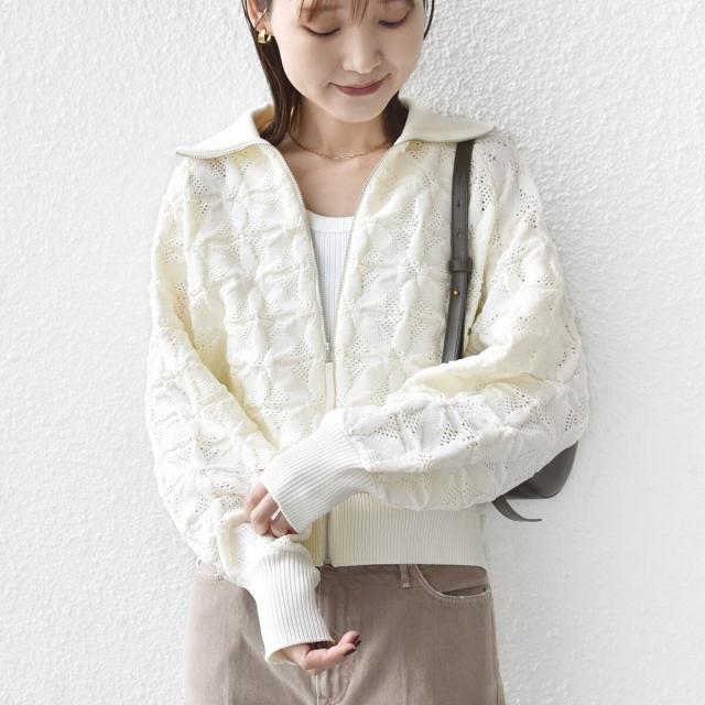 シップス（SHIPS）/《予約》【WEB限定】〈手洗い可能〉フラワー ジャカード ジップ カーディガン