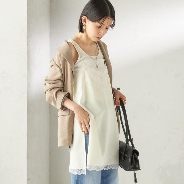 シップス（SHIPS）/《予約》〈洗濯機可能〉ダル サテン レース スリット キャミソール