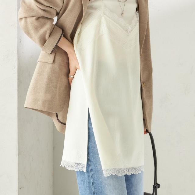 シップス（SHIPS）/《予約》〈洗濯機可能〉ダル サテン レース スリット キャミソール