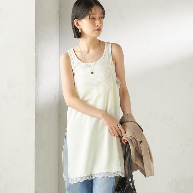 シップス（SHIPS）/《予約》〈洗濯機可能〉ダル サテン レース スリット キャミソール