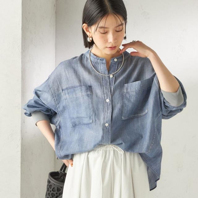 シップス（SHIPS）/《予約》〈手洗い可能〉シアー デニム 袖 リブ バンドカラー シャツ