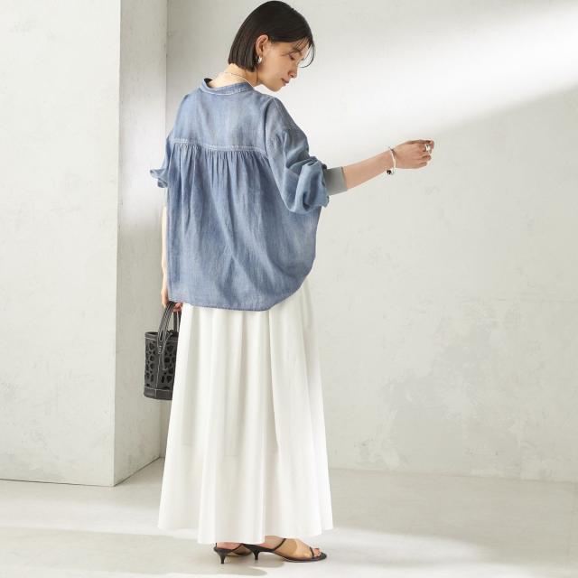 シップス（SHIPS）/《予約》〈手洗い可能〉シアー デニム 袖 リブ バンドカラー シャツ