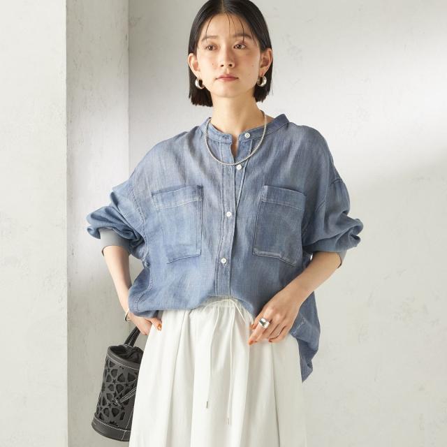 シップス（SHIPS）/《予約》〈手洗い可能〉シアー デニム 袖 リブ バンドカラー シャツ