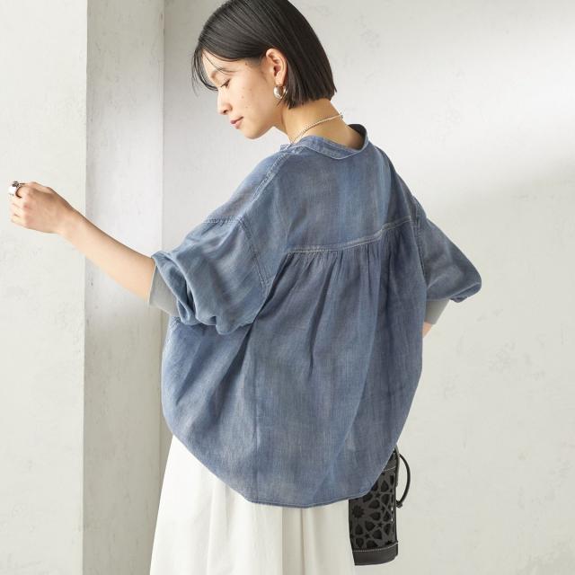 シップス（SHIPS）/《予約》〈手洗い可能〉シアー デニム 袖 リブ バンドカラー シャツ