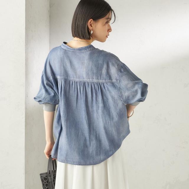 シップス（SHIPS）/《予約》〈手洗い可能〉シアー デニム 袖 リブ バンドカラー シャツ