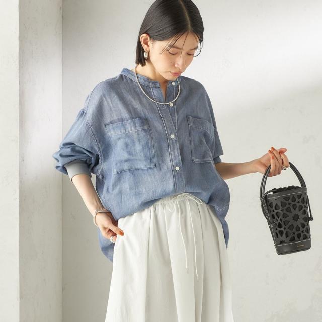 シップス（SHIPS）/《予約》〈手洗い可能〉シアー デニム 袖 リブ バンドカラー シャツ