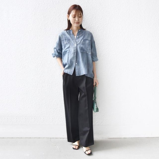 シップス（SHIPS）/《予約》〈手洗い可能〉シアー デニム 袖 リブ バンドカラー シャツ