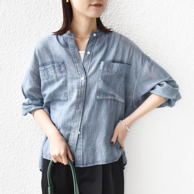 シップス（SHIPS）/《予約》〈手洗い可能〉シアー デニム 袖 リブ バンドカラー シャツ
