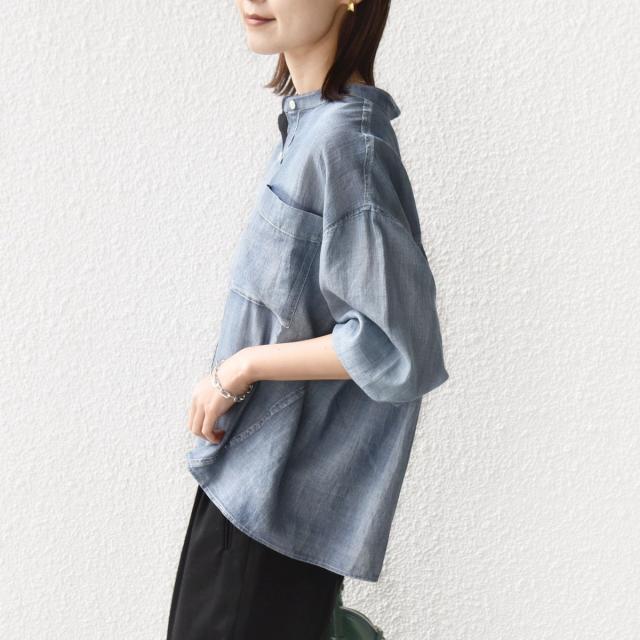 シップス（SHIPS）/《予約》〈手洗い可能〉シアー デニム 袖 リブ バンドカラー シャツ