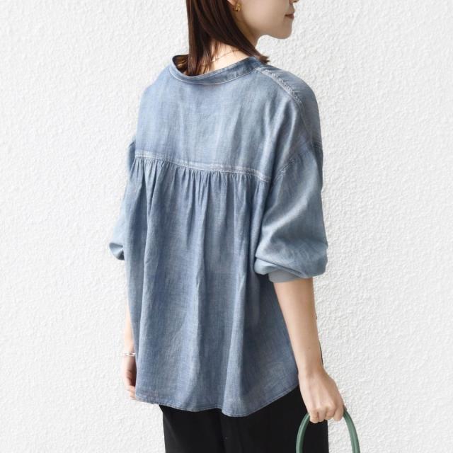 シップス（SHIPS）/《予約》〈手洗い可能〉シアー デニム 袖 リブ バンドカラー シャツ