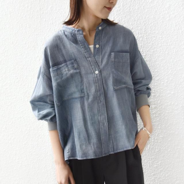 シップス（SHIPS）/《予約》〈手洗い可能〉シアー デニム 袖 リブ バンドカラー シャツ
