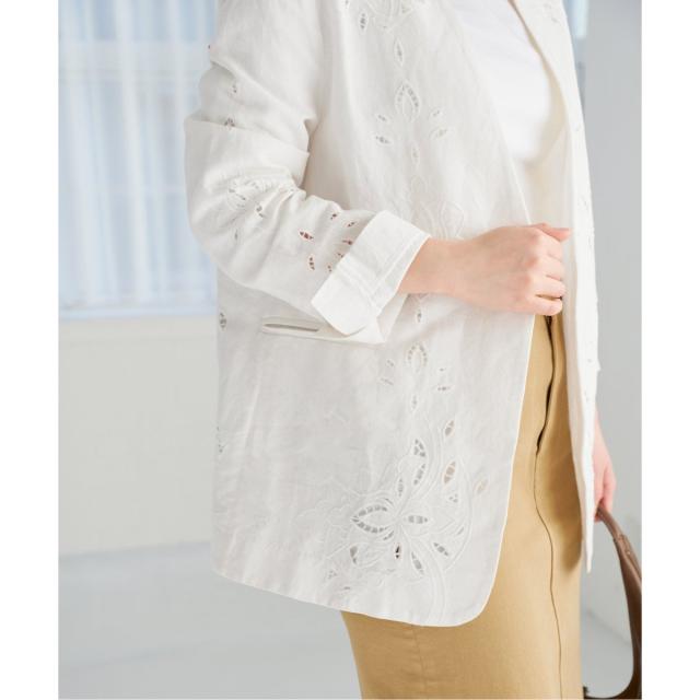 [美品] IENA コットンリネンカットワークレースジャケット コットンリネン カットワークレース ジャケット（ノーカラー