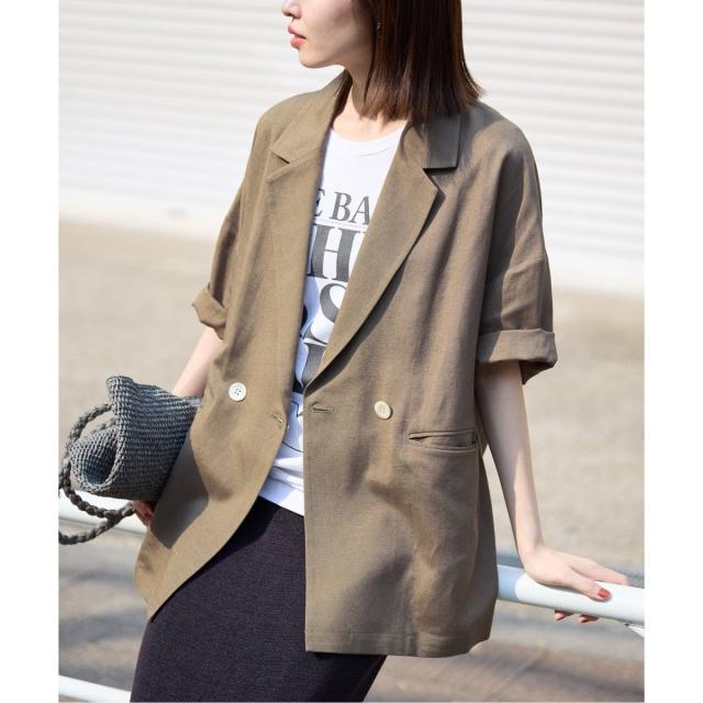 23ss✨美品 スローブイエナ　レーヨンリネンハーフスリーブジャケット スローブ イエナ（SLOBE IENA）/リネンレーヨンハーフスリーブ