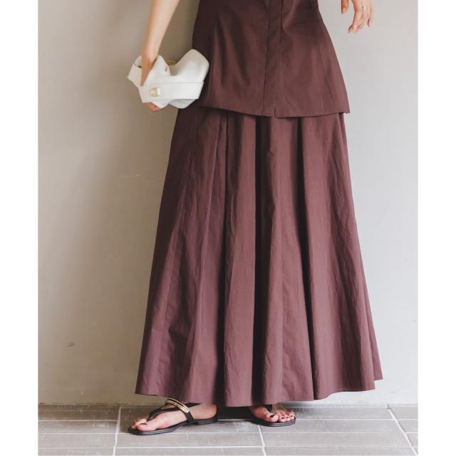 【新品】noble タックボリュームコットンスカート ブラウン タックボリュームコットンスカート（ロング・マキシ丈スカート