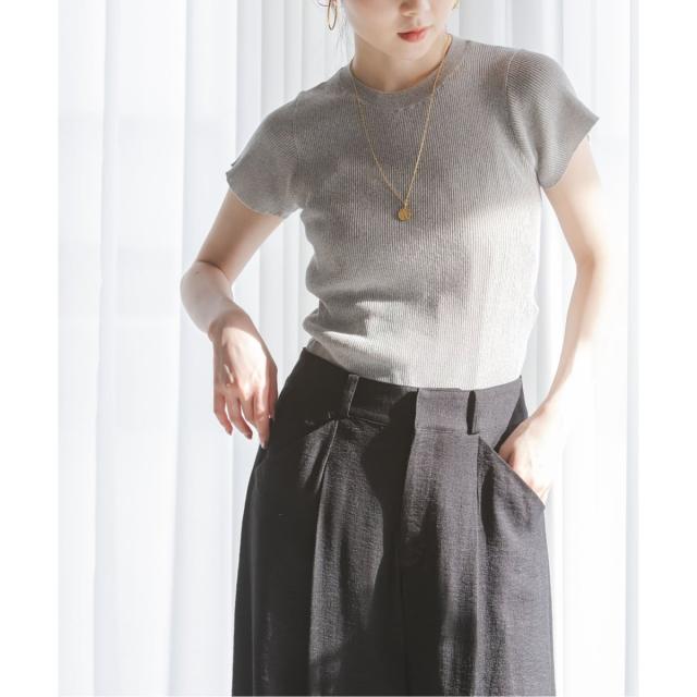 NOBLE ショートスリーブコンパクトリブニット　Ｔシャツ　グレー ノーブル（Noble）/《追加》【洗える】ショートスリーブコンパクト