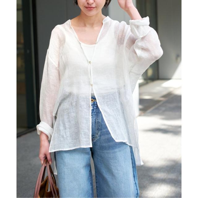 カジュアルシャツ レディース 日本製 前身頃プリント切替えシャツ グレージュ系 婦人服 ミセス シニア 女性 ドレスシャツ グレー　fuji　p24184 p21034-3.jpg