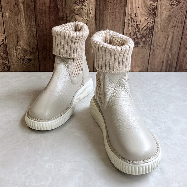 JS ハートレーベル（JS Heartlavel）/【25秋冬新作】【人気商品】幅広 リブニット レザーブーツ JS ハートレーベル（JS Heartlavel）/【25秋冬新作】【人気商品】幅広