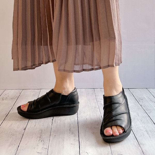 JS ハートレーベル（JS Heartlavel）/オープントゥ 本革 柔らか ギャザー サンダル 『日本製』